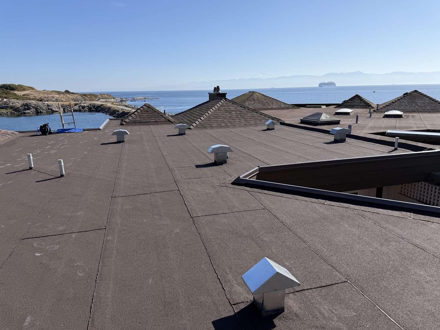 Wide view of a flat roof with metal vent hoods beside shingled hip roofs